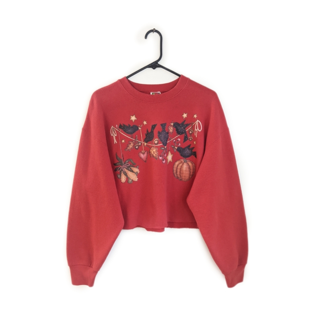 Vintage 90s Halloween Pumpkins/Crows Cropped Oversized Fall Sweatshirt